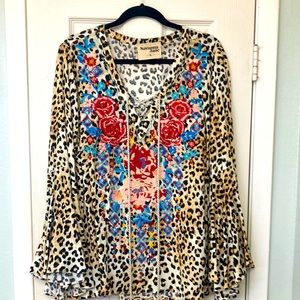 Savanna Jane embroidered leopard print blouse. 1X.